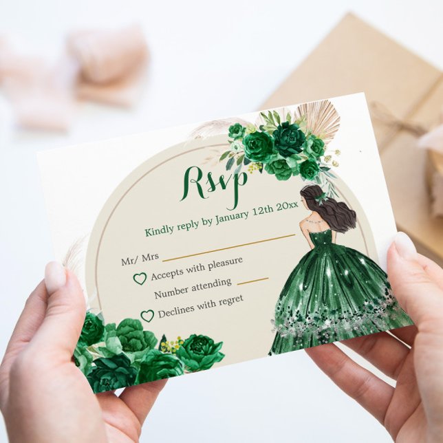 Boho Emerald Green Roses Princess Quinceañera RSVP Card (Creator Uploaded)