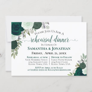 Boho Emerald Green Roses Wedding Rehearsal Dinner Invitation