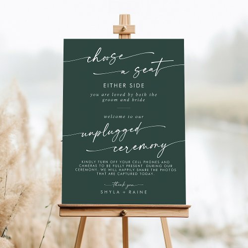 Boho Emerald Green Seat Unplugged Ceremony Sign