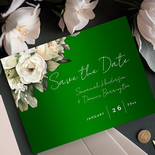 Boho Emerald Green with White Roses Save the Date Announcement Postcard