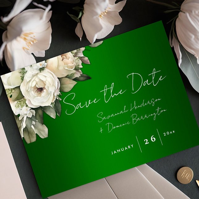 Boho Emerald Green with White Roses Save the Date Announcement Postcard (Creator Uploaded)