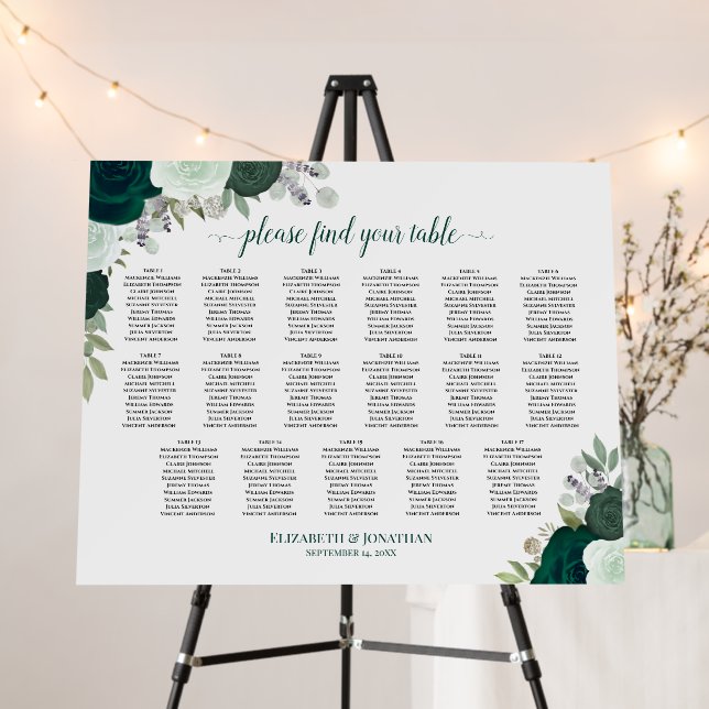 Boho Emerald Roses 17 Table Wedding Seating Chart Foam Board (In Situ (Stand))