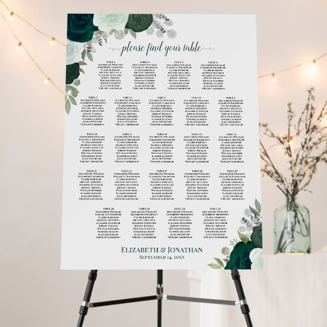 Boho Emerald Roses 23 Table Wedding Seating Chart Foam Board (In Situ (Stand))