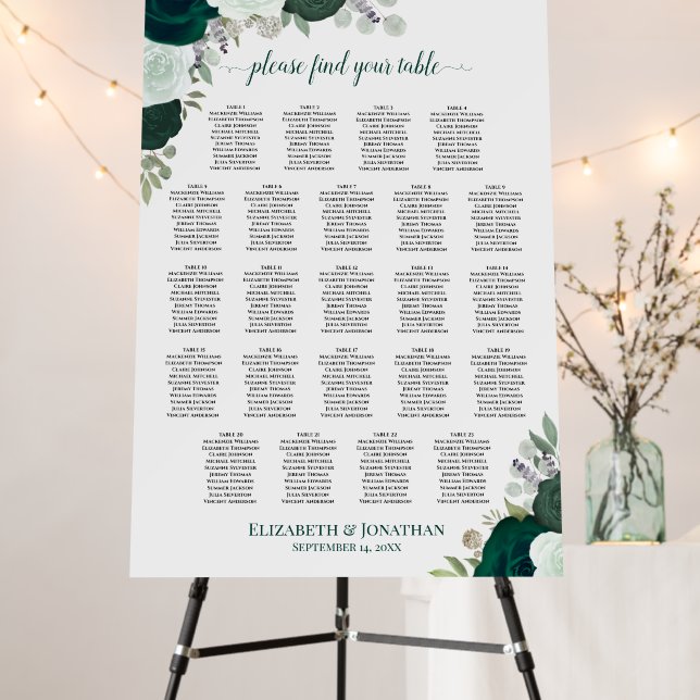 Boho Emerald Roses 23 Table Wedding Seating Chart Foam Board (In Situ (Stand))