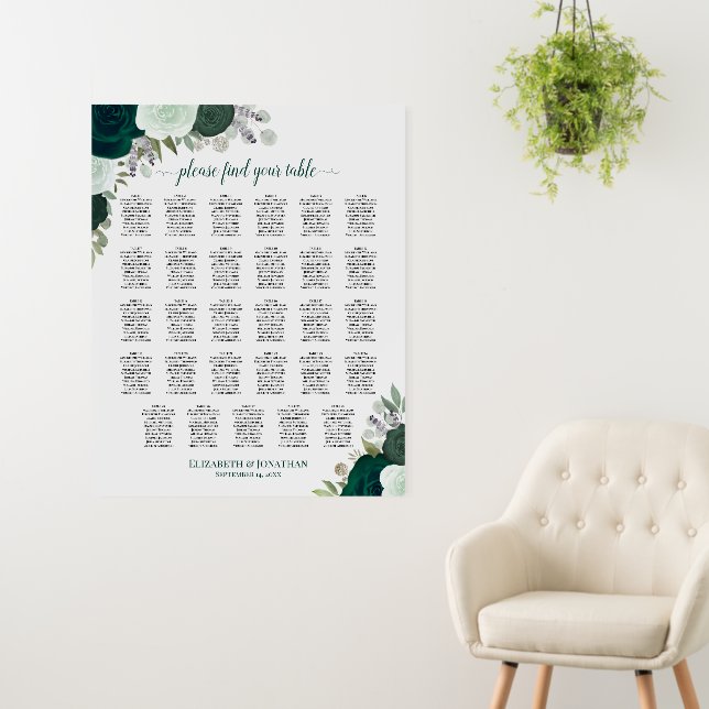 Boho Emerald Roses 29 Table Wedding Seating Chart Foam Board (In Situ (Wall))