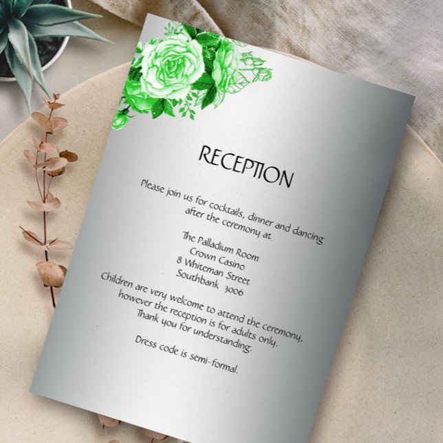 Boho Emerald Roses Silver Wedding Reception Enclosure Card (Creator Uploaded)