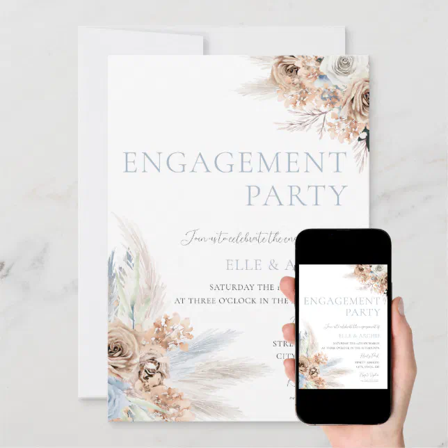 Boho Engagement Party Dusty Blue & Ivory Floral Invitation Zazzle
