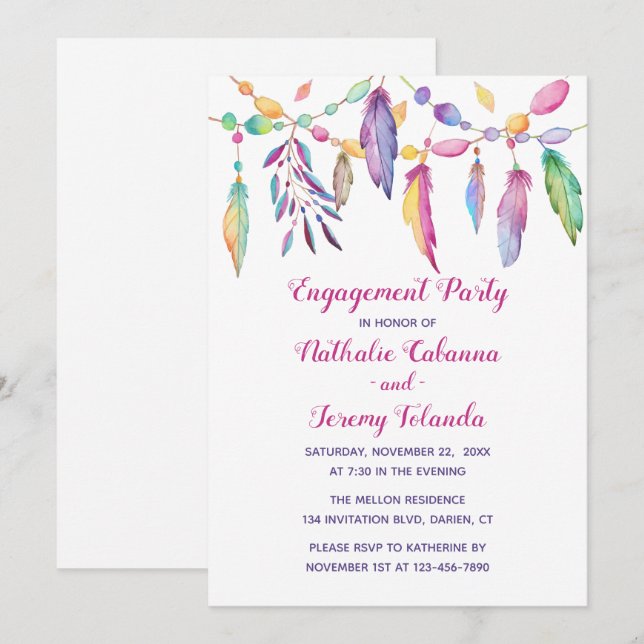 Boho Engagement Party Feathers Native American Invitation (Front/Back)