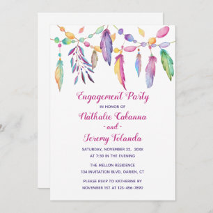 Boho Engagement Party Feathers Native American Invitation
