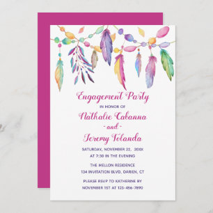 Boho Engagement Party Feathers Native American Invitation