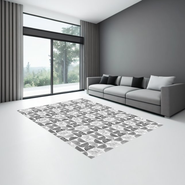 Boho Ethnic Black & White Area Rug -Tribal Pattern (Insitu (Indoor 3))