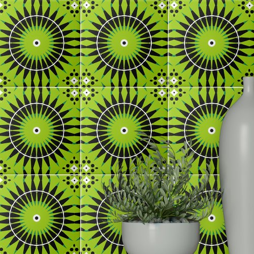 Boho Ethnic Lime Green Black Geometric Pattern Ceramic Tile
