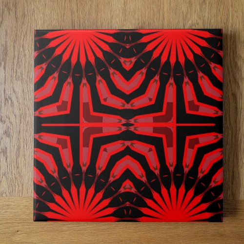 Boho Ethnic Red and Black Geometric Pattern Ceramic Tile