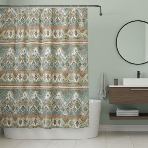 Boho Ethnic Shower Curtain with Colorful Tassels