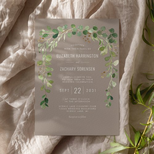 Boho Eucalyptus Arch Neutral Taupe Rustic Wedding Invitation