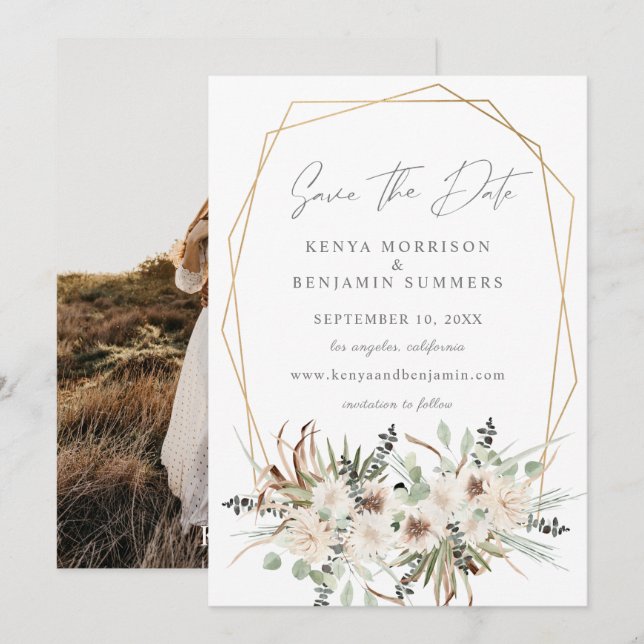 Boho Eucalyptus & Beige Floral Save the Date Photo Invitation (Front/Back)