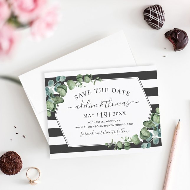 Boho Eucalyptus Black Stripe Wedding Save The Date (Creator Uploaded)