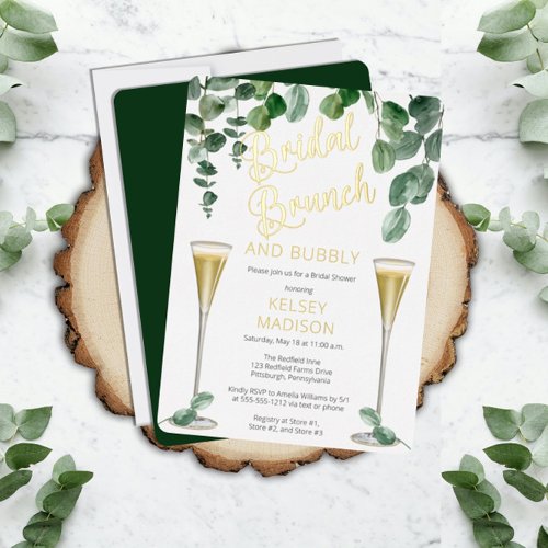 Boho Eucalyptus Champagne Bridal Brunch and Bubbly Foil Invitation