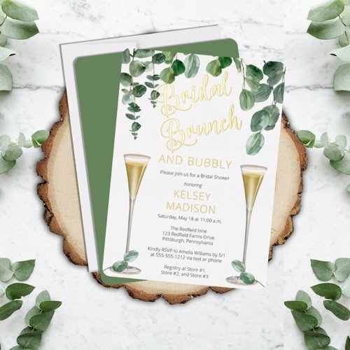 Boho Eucalyptus Champagne Bridal Brunch and Bubbly Foil Invitation