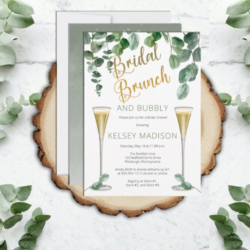 Boho Eucalyptus Champagne Bridal Brunch and Bubbly Invitation