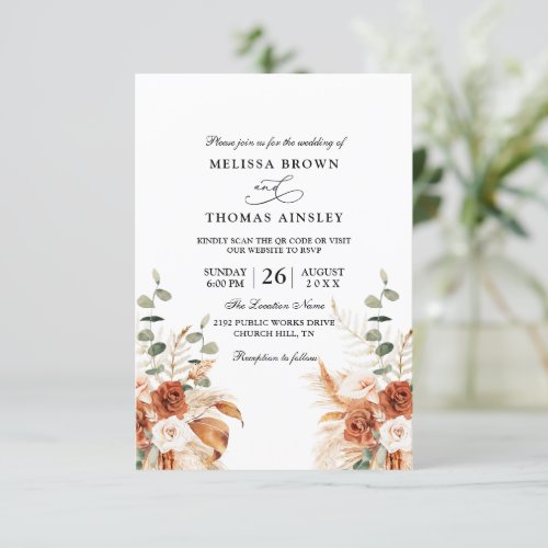 Boho Eucalyptus Elegant Budget Qr Code Wedding Invitation