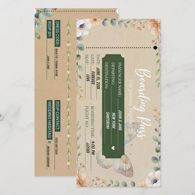 Boho Eucalyptus Floral Boarding Pass Wedding Invit Save The Date (Front/Back)
