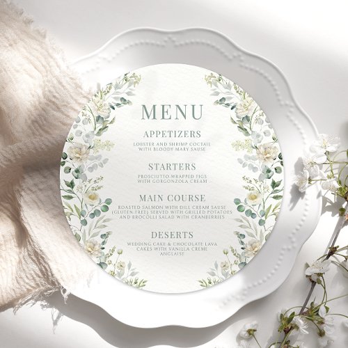 Boho Eucalyptus Floral Wedding Round Flat Menu