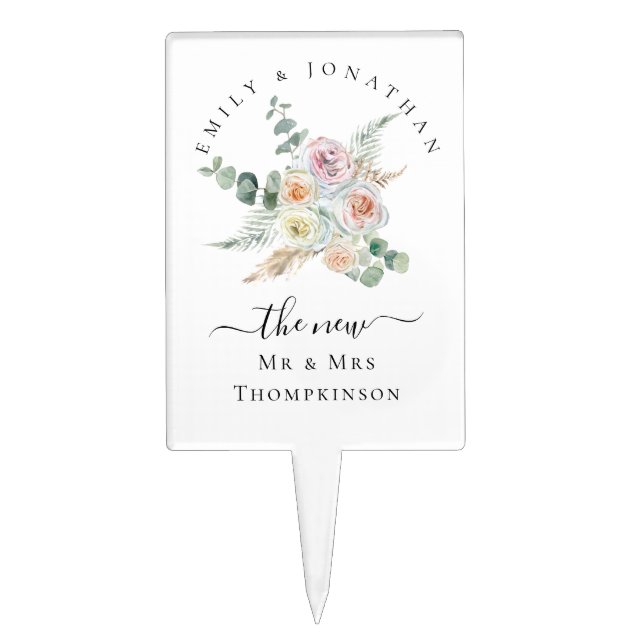 Boho Eucalyptus Florals Thank You Names Wedding Cake Topper (Front)