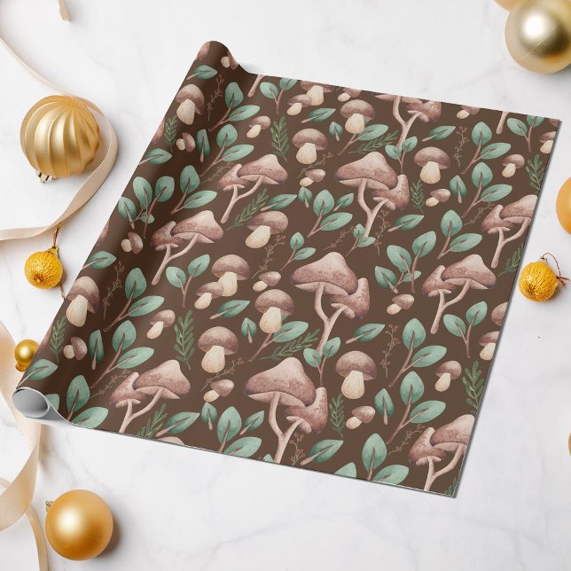 Boho Eucalyptus Forest Mushrooms Dark Brown  Wrapping Paper (Creator Uploaded)
