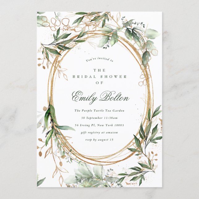 Boho Eucalyptus Gold Circles Bridal Shower Invitation (Front)