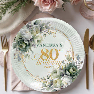 Boho Eucalyptus Green Gold 80th Birthday Event Paper Plates