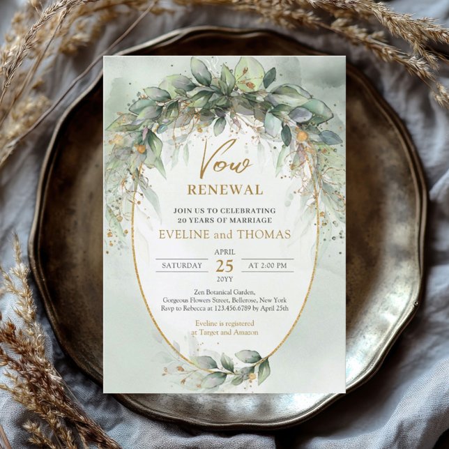 Boho eucalyptus green gold vow renewal invite (watercolor green eucalyptus wreath vow renewal invitation digital )