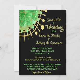 Boho Eucalyptus Greenery Black & Gold Wedding Invitation