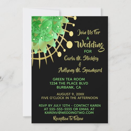 Boho Eucalyptus Greenery Black  Gold Wedding Invitation