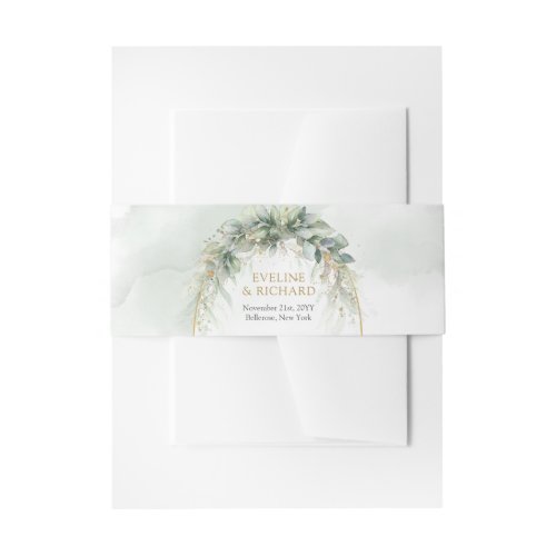 Boho Eucalyptus greenery branches faux gold frame Invitation Belly Band