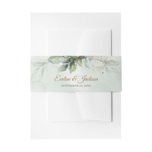 Boho Eucalyptus greenery branches faux gold frame Invitation Belly Band