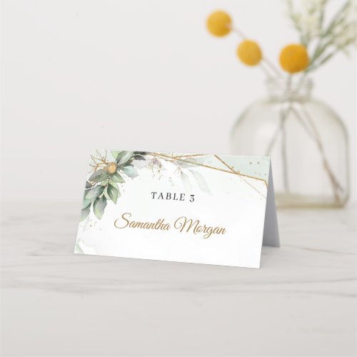 Boho Eucalyptus greenery branches faux gold frame Place Card