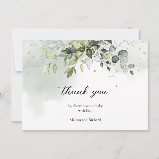 Boho Eucalyptus greenery branches gold baby shower Thank You Card (Front)