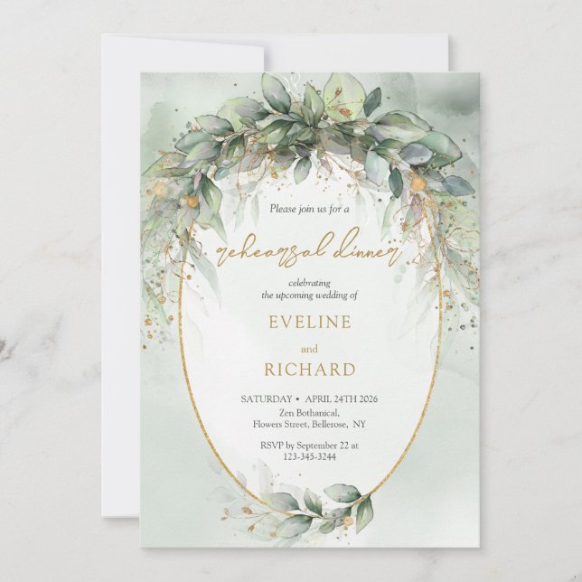 Boho Eucalyptus greenery branches gold rehearsal Invitation (Front)