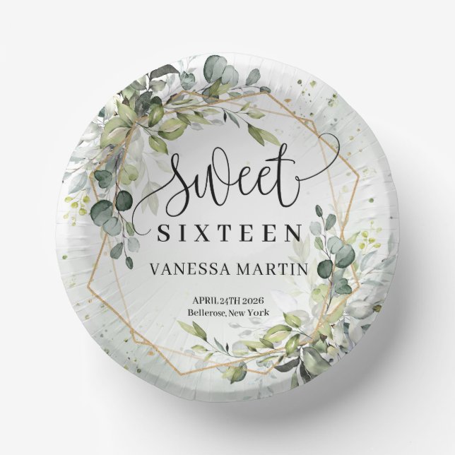 Boho Eucalyptus greenery branches sweet sixteen Paper Bowls (Front)