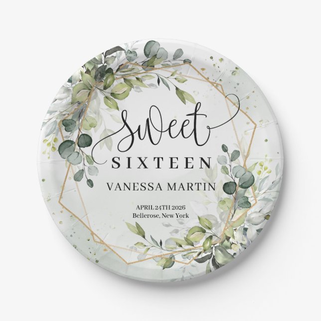 Boho Eucalyptus greenery branches sweet sixteen Paper Plates (Front)