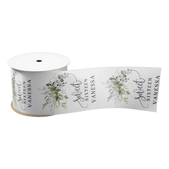 Boho Eucalyptus greenery branches sweet sixteen Satin Ribbon (Spool)