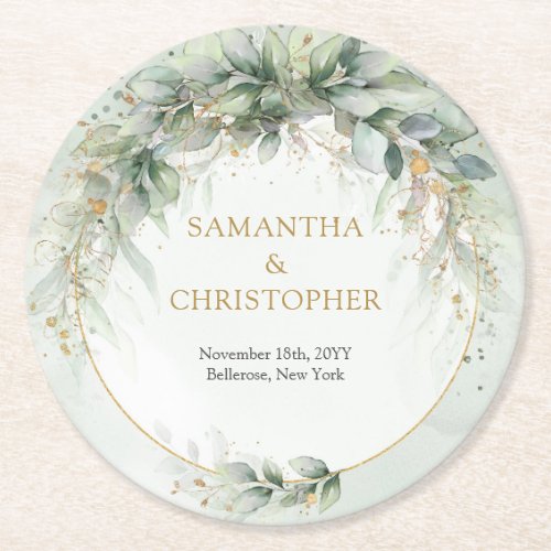 Boho eucalyptus greenery foliage gold oval arch round paper coaster