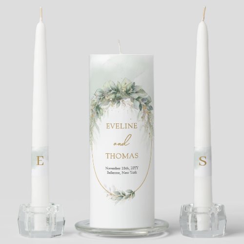 Boho eucalyptus greenery foliage gold oval arch  unity candle set