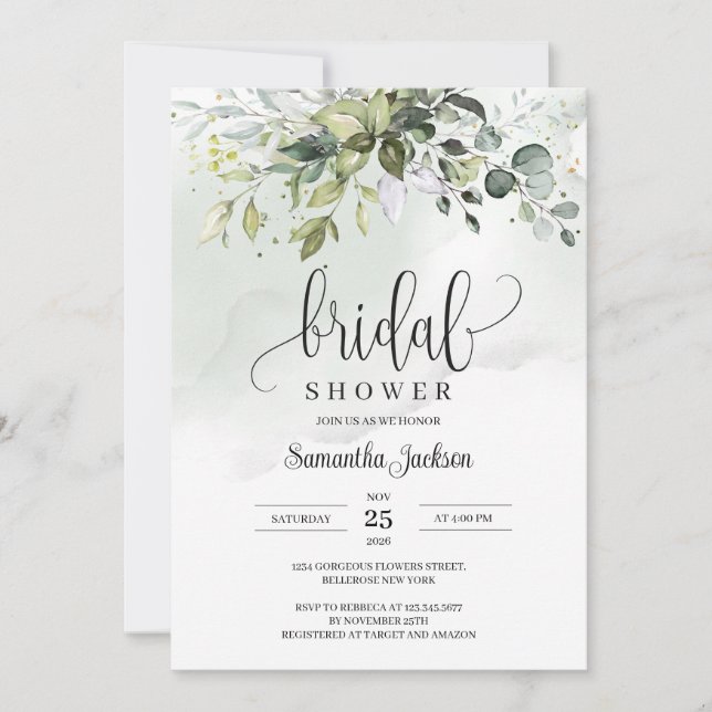 Boho Eucalyptus Greenery Foliage gold sparkles Invitation (Front)