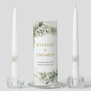 Boho eucalyptus greenery foliage gold wedding  unity candle set
