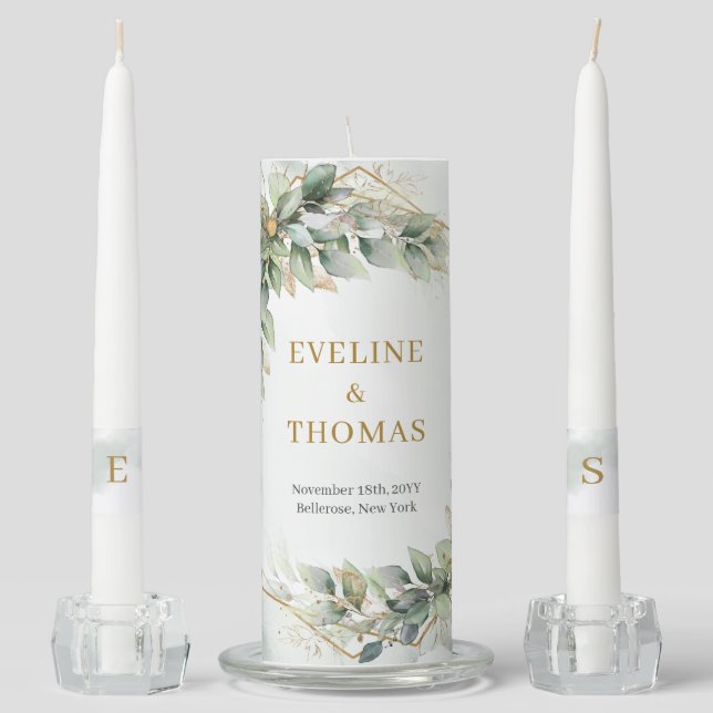 Boho eucalyptus greenery foliage gold wedding  unity candle set (Front)