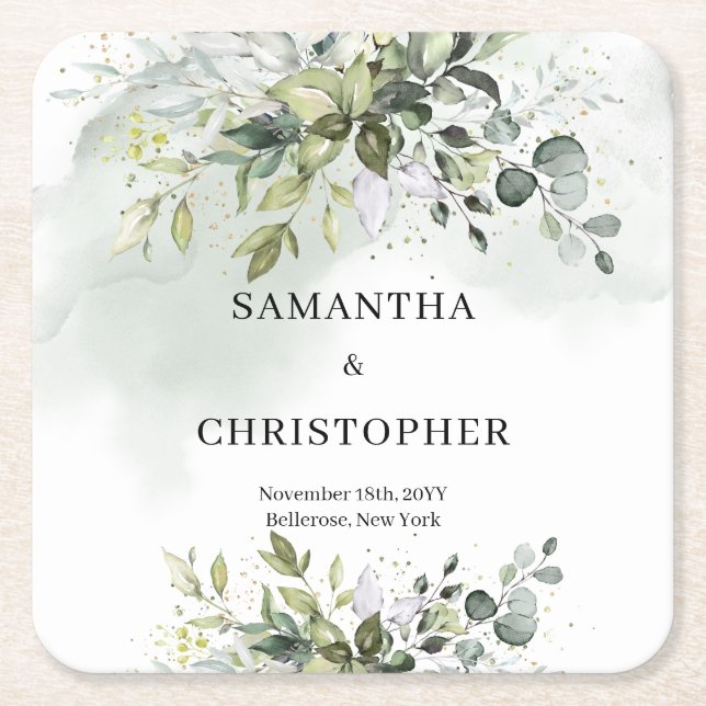 Boho eucalyptus greenery foliage wreath gold square paper coaster (Front)