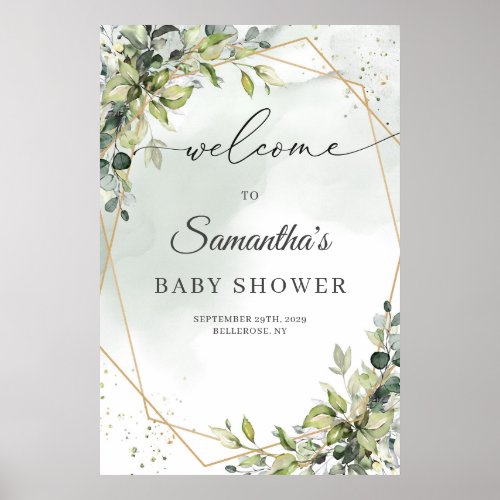 Boho eucalyptus greenery gold Baby Shower welcome Poster