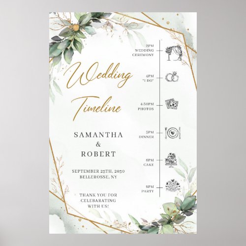 Boho Eucalyptus greenery gold wedding Timeline Poster